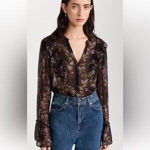 PAIGE Tuscany Silk Georgette Crinkle Ruffle V-Neck Hidden Button Top Size S